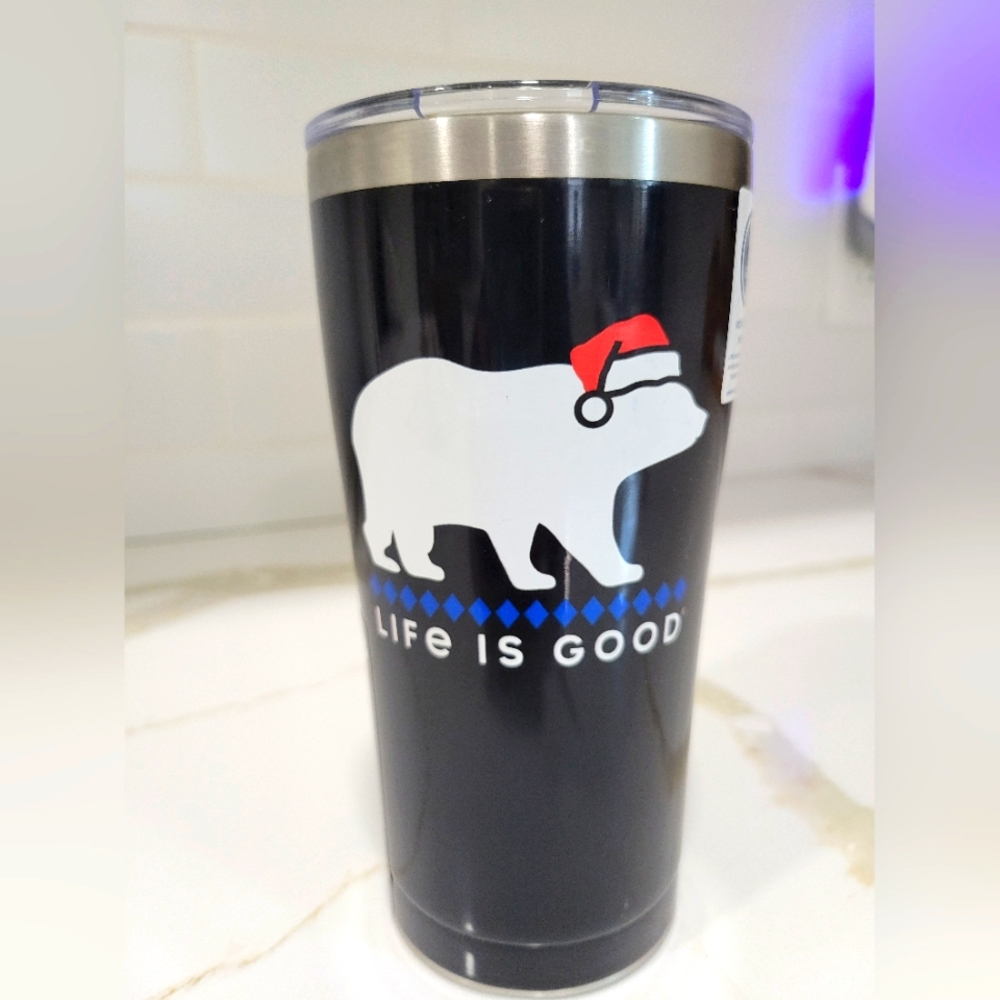 Life Is Good Black Stainless Tumbler 20 oz  Holiday Polar Bear